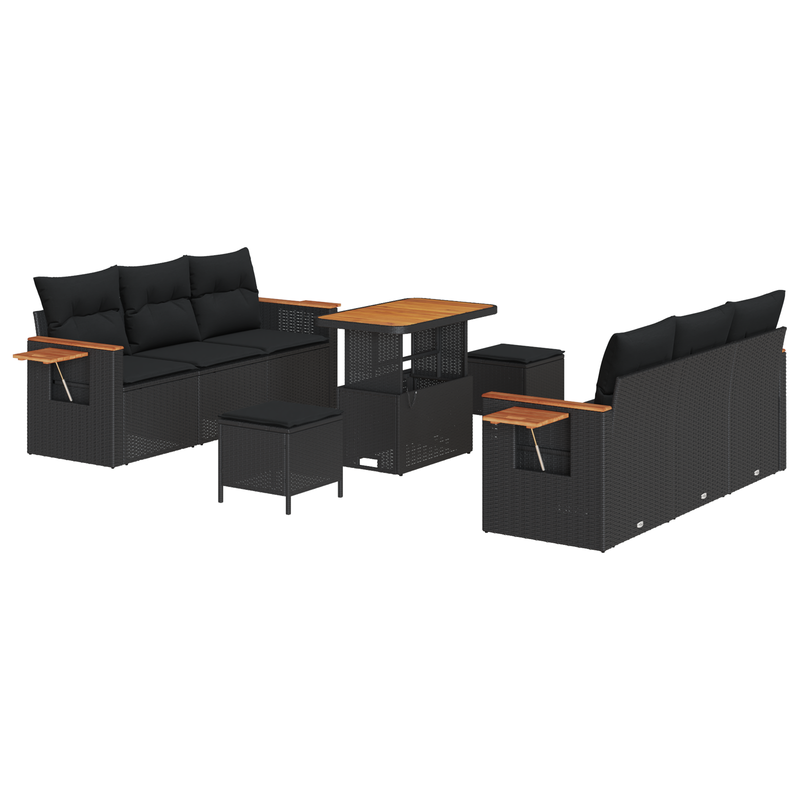 9 Piece Garden Sofa Set with Cushions Black Poly Rattan Acacia