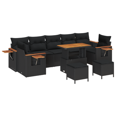 10 Piece Garden Sofa Set with Cushions Black Poly Rattan Acacia