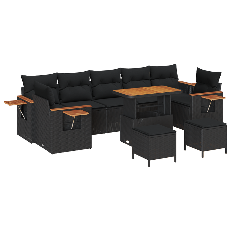 10 Piece Garden Sofa Set with Cushions Black Poly Rattan Acacia
