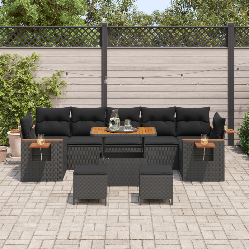 10 Piece Garden Sofa Set with Cushions Black Poly Rattan Acacia