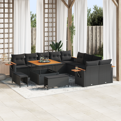 13 Piece Garden Sofa Set with Cushions Black Poly Rattan Acacia