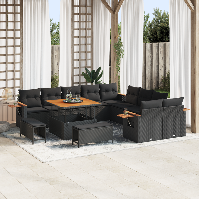 13 Piece Garden Sofa Set with Cushions Black Poly Rattan Acacia