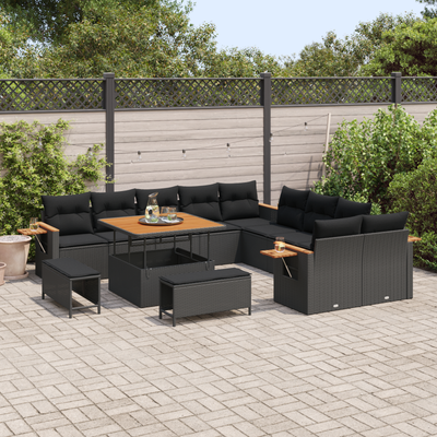 13 Piece Garden Sofa Set with Cushions Black Poly Rattan Acacia