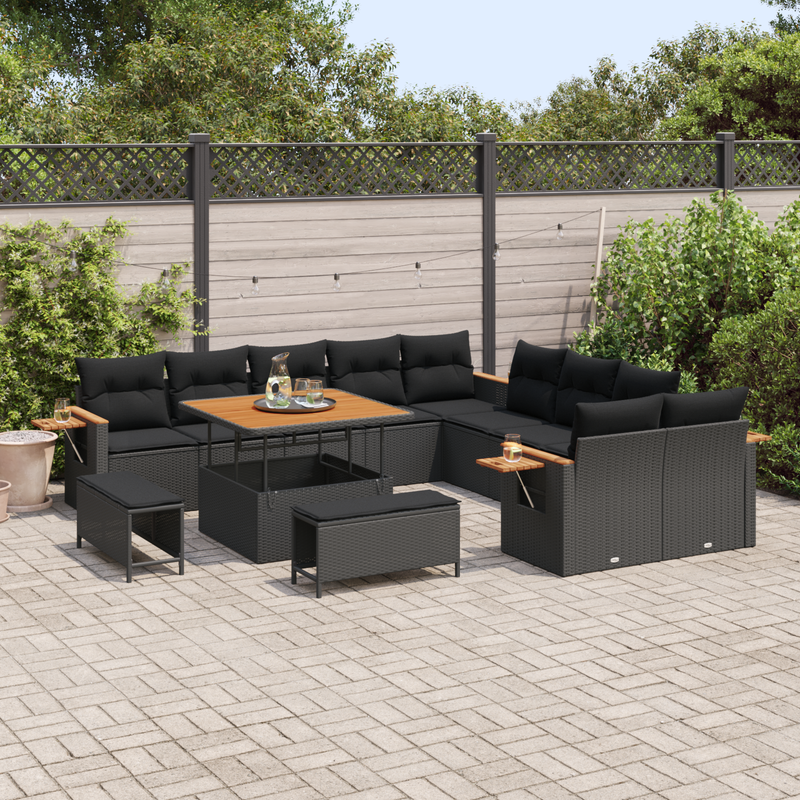 13 Piece Garden Sofa Set with Cushions Black Poly Rattan Acacia