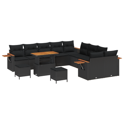 13 Piece Garden Sofa Set with Cushions Black Poly Rattan Acacia