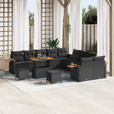 13 Piece Garden Sofa Set with Cushions Black Poly Rattan Acacia