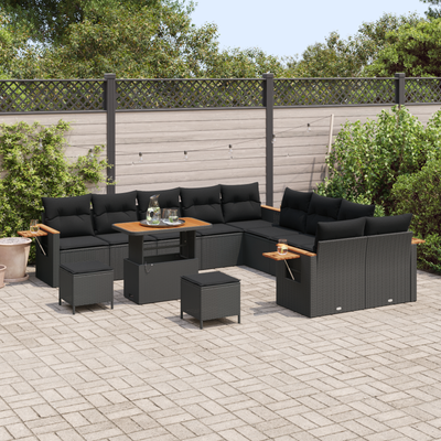 13 Piece Garden Sofa Set with Cushions Black Poly Rattan Acacia