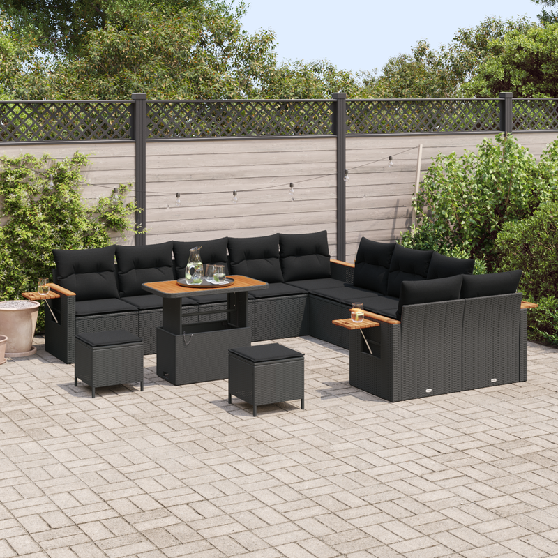 13 Piece Garden Sofa Set with Cushions Black Poly Rattan Acacia