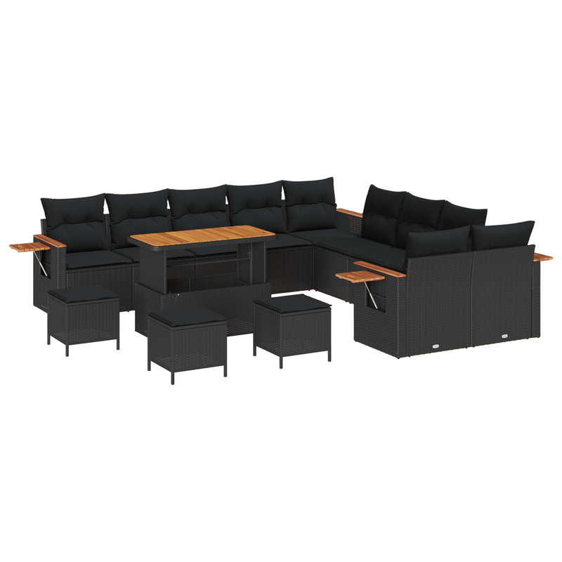 14 Piece Garden Sofa Set with Cushions Black Poly Rattan Acacia
