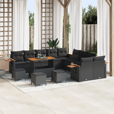 14 Piece Garden Sofa Set with Cushions Black Poly Rattan Acacia