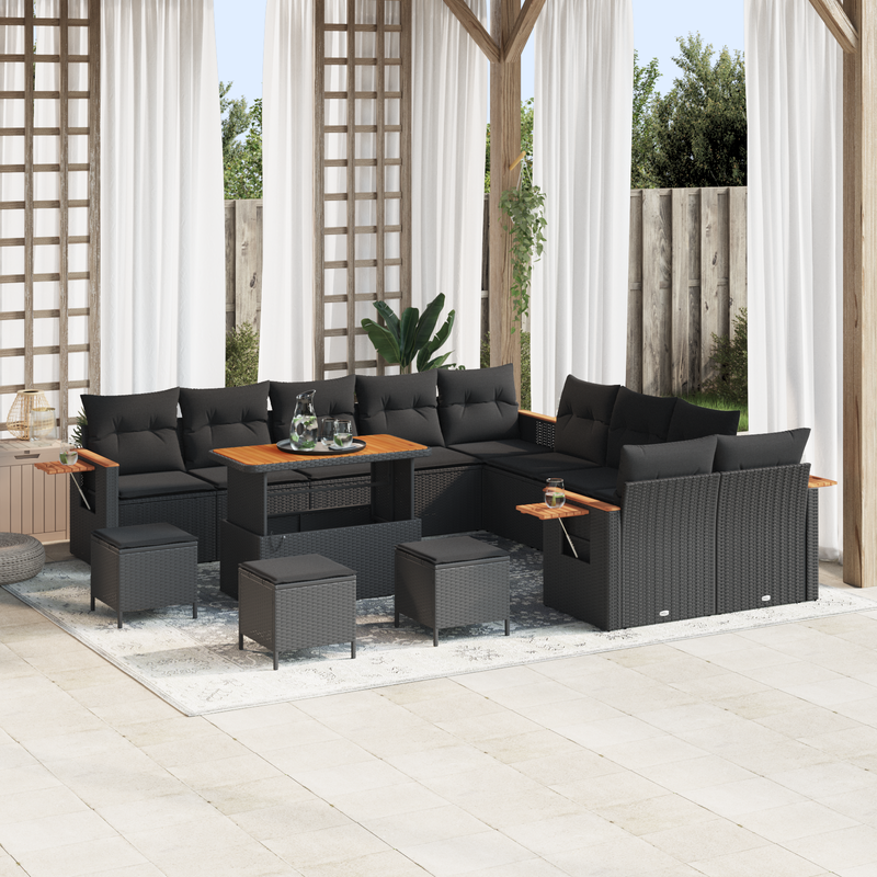 14 Piece Garden Sofa Set with Cushions Black Poly Rattan Acacia
