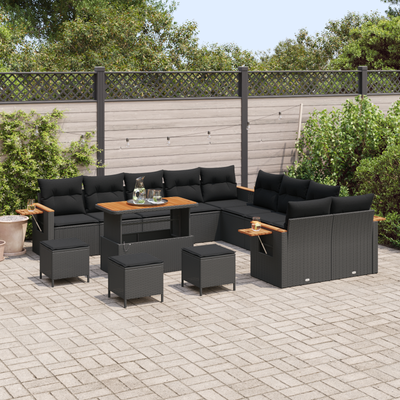 14 Piece Garden Sofa Set with Cushions Black Poly Rattan Acacia