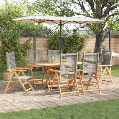 7 Piece Outdoor Dining Set - Grey Solid Acacia Wood and Poly Rattan
