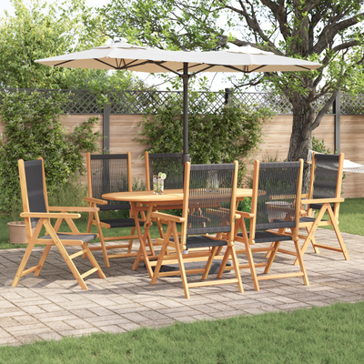 7-Piece Outdoor Dining Set - Black Acacia Wood with Poly Rattan