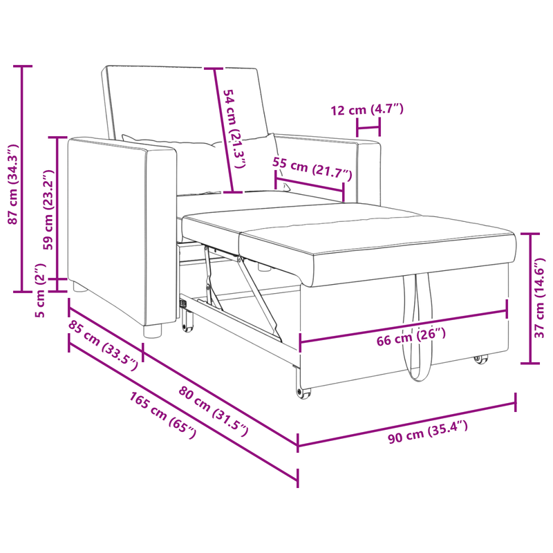 3-in-1 Single Sofa Bed Convertible Dark Grey Fabric