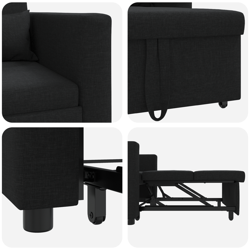 3-in-1 Single Sofa Bed Convertible Black Fabric