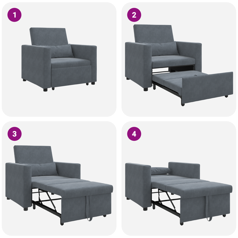 3-in-1 Single Sofa Bed Convertible Dark Grey Velvet