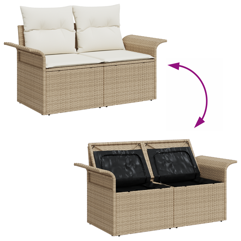 2-Seater Garden Sofa with Storage & Cushions Beige Poly Rattan