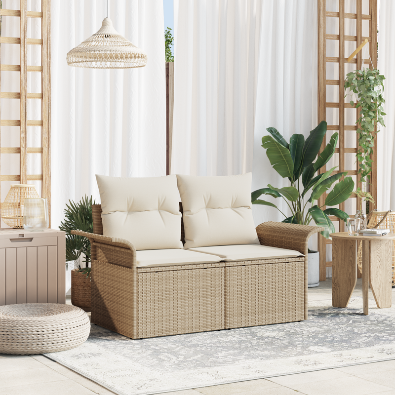 2-Seater Garden Sofa with Storage & Cushions Beige Poly Rattan