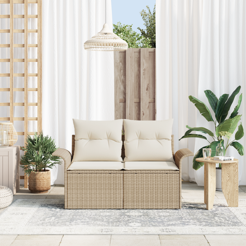 2-Seater Garden Sofa with Storage & Cushions Beige Poly Rattan
