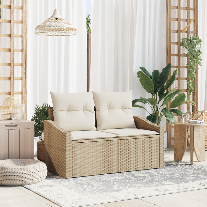 2-Seater Garden Sofa with Cushions Beige Poly Rattan