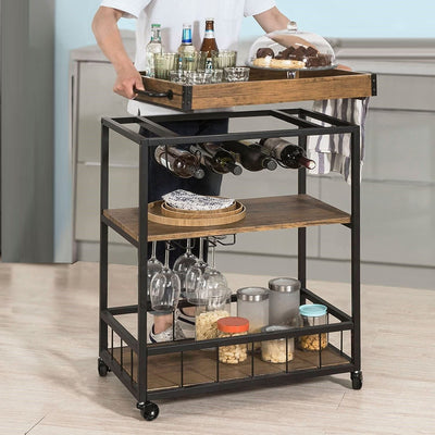 Industrial Vintage Style Wood Metal 3 Tiers Kitchen Serving Trolley with Wine Rack (Brown) Payday Deals