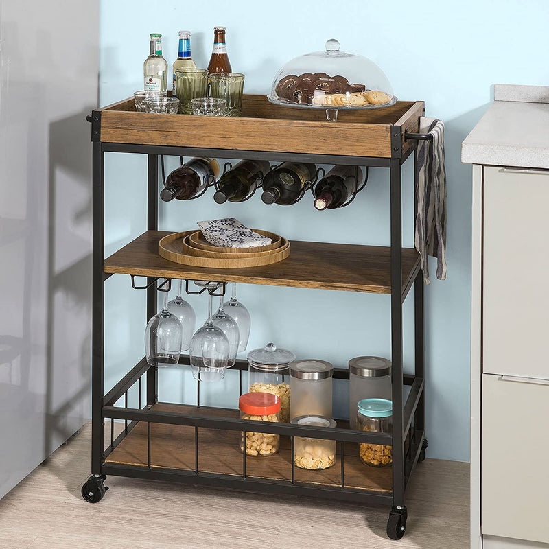 Industrial Vintage Style Wood Metal 3 Tiers Kitchen Serving Trolley with Wine Rack (Brown) Payday Deals