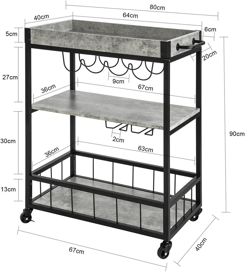 Industrial Vintage Style Wood Metal 3 Tiers Kitchen Serving Trolley with Wine Rack (Grey) Payday Deals