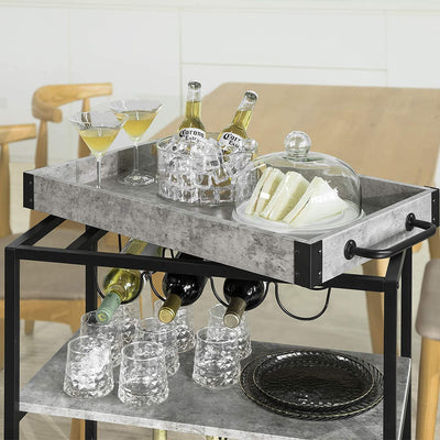 Industrial Vintage Style Wood Metal 3 Tiers Kitchen Serving Trolley with Wine Rack (Grey) Payday Deals