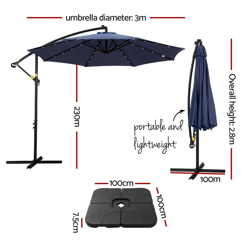 Instahut Outdoor Umbrella 3M Cantilever Beach LED w/Base Garden Shade Patio Navy Payday Deals