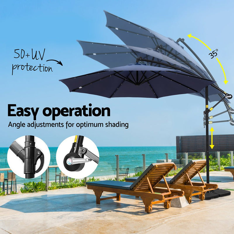 Instahut Outdoor Umbrella 3M Cantilever Beach LED w/Base Garden Shade Patio Navy Payday Deals