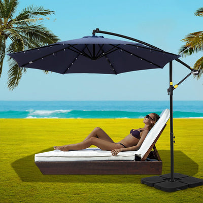 Instahut Outdoor Umbrella 3M Cantilever Beach LED w/Base Garden Shade Patio Navy Payday Deals