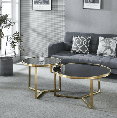 Interior Ave - Designer Giselle Black Glass & Brushed Gold Coffee Table Set Payday Deals