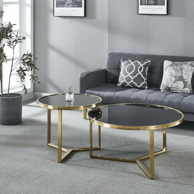 Interior Ave - Designer Giselle Black Glass & Brushed Gold Coffee Table Set Payday Deals