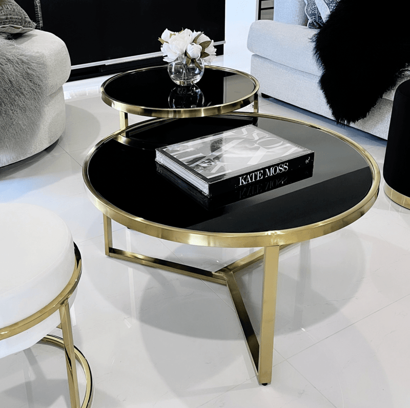 Interior Ave - Designer Giselle Black Glass & Brushed Gold Coffee Table Set Payday Deals