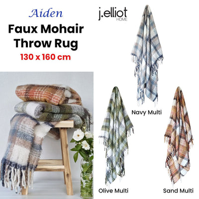 J Elliot Home Aiden Olive Multi Faux Mohair Throw Rug with Fringe 130 x 160cm Payday Deals