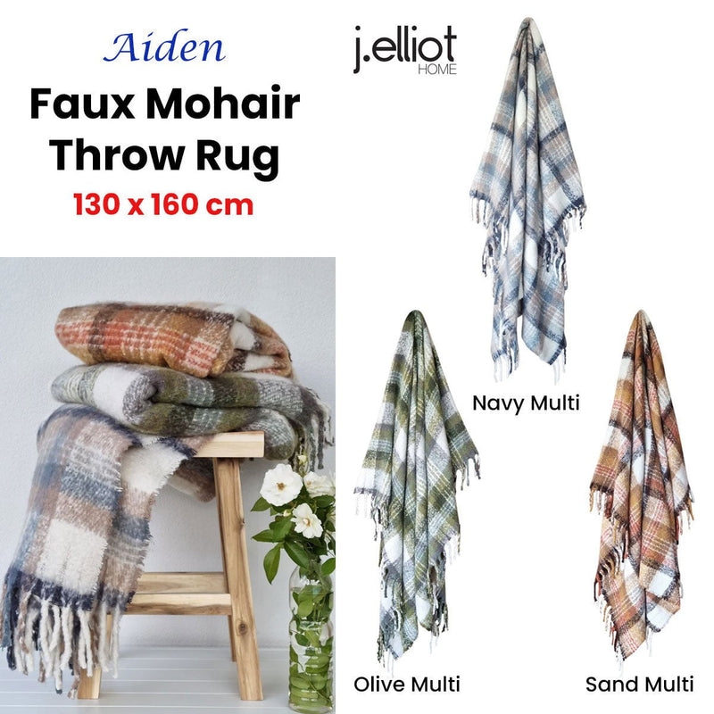 J Elliot Home Aiden Olive Multi Faux Mohair Throw Rug with Fringe 130 x 160cm Payday Deals