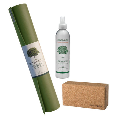 Jade Yoga Harmony Mat - Olive & Jade Yoga Cork Yoga Block - Small + Jade Yoga Plant Based Mat Wash - 8 oz Starter Kit Payday Deals