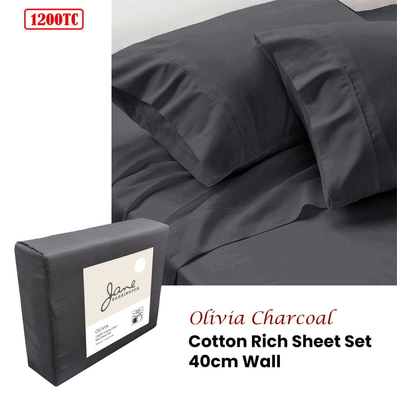 Jane Barrington 1200TC Olivia Cotton Rich Sheet Set 40cm Wall Charcoal Queen Payday Deals