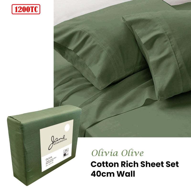 Jane Barrington 1200TC Olivia Cotton Rich Sheet Set 40cm Wall Olive Queen Payday Deals