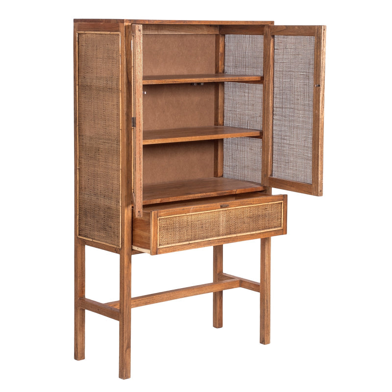 Jasmine Tall Storage Cabinet 90cm 2 Door 1 Drawer Mindi Wood Rattan - Brown Payday Deals