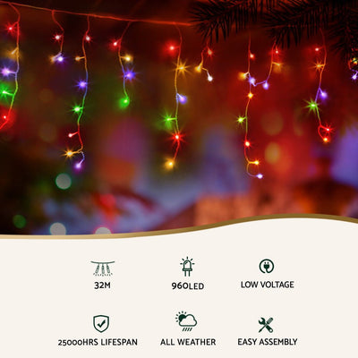 Jingle Jollys 32M Christmas Lights Icicle String Light 960 LED Multi-coloured Payday Deals