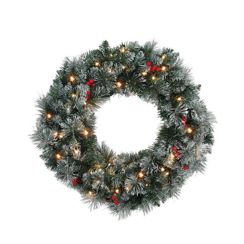 Jingle Jollys 60cm Christmas Wreath LED Lights Snowy Berries Garland Party Decor Payday Deals