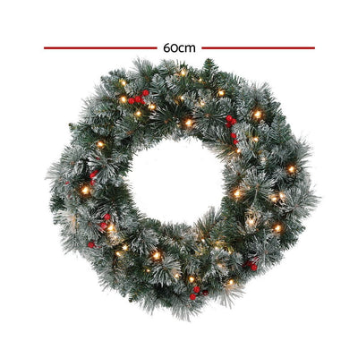 Jingle Jollys 60cm Christmas Wreath LED Lights Snowy Berries Garland Party Decor Payday Deals