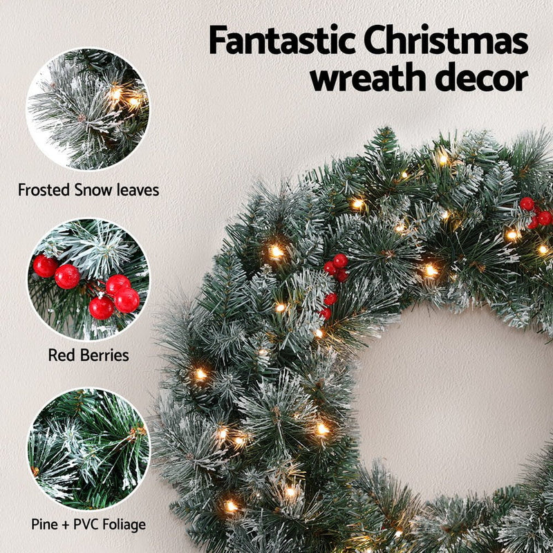 Jingle Jollys 60cm Christmas Wreath LED Lights Snowy Berries Garland Party Decor Payday Deals