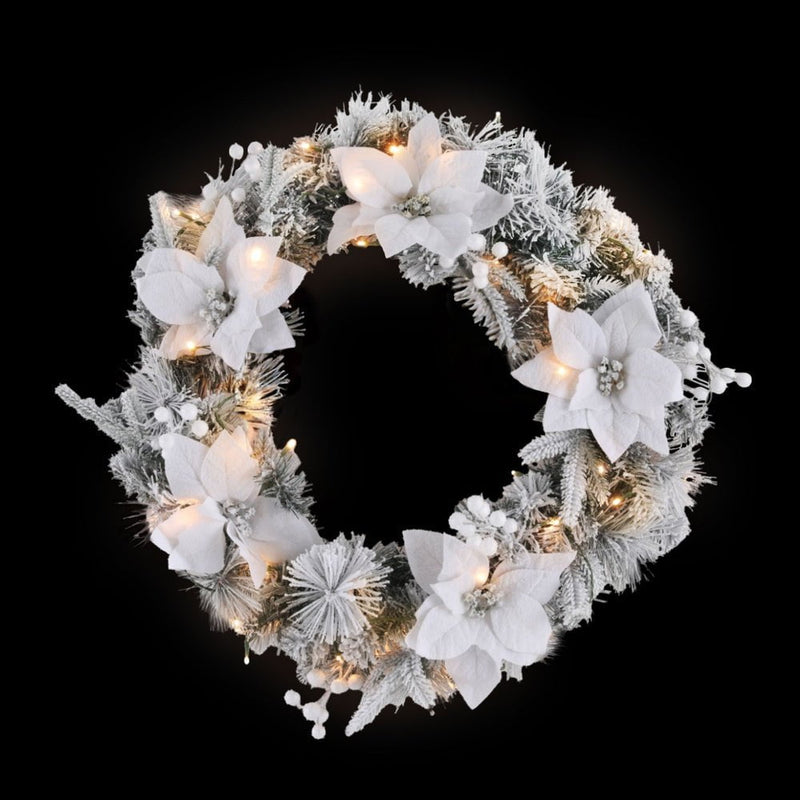 Jingle Jollys 60cm Christmas Wreath LED Lights Snowy Flowers Garland Party Decor Payday Deals