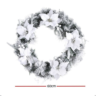 Jingle Jollys 60cm Christmas Wreath LED Lights Snowy Flowers Garland Party Decor Payday Deals