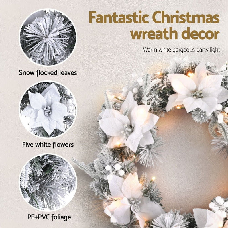 Jingle Jollys 60cm Christmas Wreath LED Lights Snowy Flowers Garland Party Decor Payday Deals