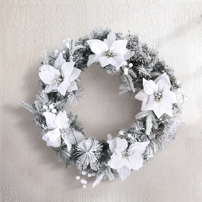 Jingle Jollys 60cm Christmas Wreath LED Lights Snowy Flowers Garland Party Decor Payday Deals