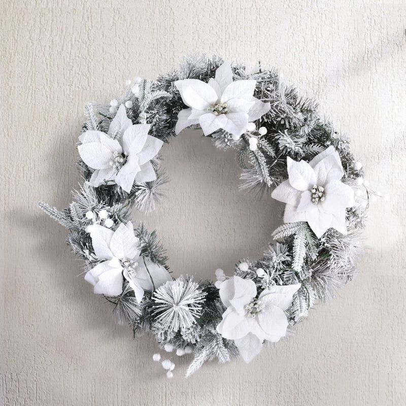 Jingle Jollys 60cm Christmas Wreath LED Lights Snowy Flowers Garland Party Decor Payday Deals